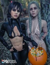 2girls 3d abs athletic athletic_female black_hair blonde_hair blue_eyes breasts brown_eyes busty candy cleavage cleavage_cutout deep_cleavage dress eyeshadow female female_focus female_only fingerless_gloves halloween halloween_costume hands_behind_back hourglass_figure jenna_ortega long_hair makeup muscle_tone nail_polish navel netflix pinup pinup_pose pristinerenders short_dress skimpy skimpy_clothes small_breasts tagme the_addams_family toned toned_female twin_braids wednesday_(netflix) wednesday_addams wide_hips