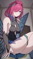 1girls blue_eyes breasts cleavage crossed_legs female female_on_top fire_emblem fire_emblem_heroes hair_over_one_eye looking_at_viewer looking_down medium_breasts nintendo pov red_hair shirotategosha sideboob sitting sitting_on_person thighs triandra_(fire_emblem)