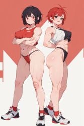 2girls :d :| abs ai_generated arms_behind_back arms_crossed athletic athletic_female athletic_wear big_ass big_breasts black_clothes black_clothing black_eyes black_hair blush blushed breasts closed_mouth confident covered_nipples croptop females females_focus females_only full_body looking_at_viewer messy_hair multiple_girls navel open_mouth panties poking_nipples posing red_background red_clothes red_clothing red_eyes red_hair serious sfw shoes short_hair shoulders smile sneakers socks sports_bra sports_uniform sportswear sporty standing thick thick_ass thick_thighs thighs thong toned track_suit white_background white_clothes white_clothing