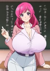 1girls aged_up alternate_breast_size big_breasts black_board breasts busty chalk chalkboard cleavage clothing curvaceous curvy curvy_body curvy_female curvy_figure female huge_breasts jabara_tornado kibou_no_chikara:_otona_precure_23 large_breasts nozomi_yumehara pink_hair precure pretty_cure teacher voluptuous yes!_precure_5 yumehara_nozomi