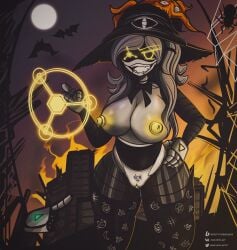 big_breasts big_nipples big_thighs bow_tie clothes crazy crazy_smile cyn_(murder_drones) drone fangs female_only gray_hair halloween halloween_costume halloween_theme huge_breasts huge_thighs long_hair madlness murder_drones naked nipples open_mouth pussy robot robot_girl smile smiling tagme thick_thighs