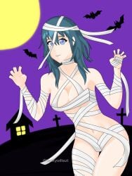 1girls armpits bandage bare_arms bare_shoulders bare_thighs bat blue_eyes breasts byleth_(fire_emblem) byleth_(fire_emblem)_(female) cleavage collarbone female female_only fire_emblem fire_emblem:_three_houses full_moon hair_between_eyes halloween halloween_costume looking_at_viewer medium_breasts medium_hair moon mummy mummy_costume naked_bandage nintendo shoulders smile solo teal_hair thighs tsukyoillsut