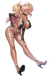 aoi_nagisa_(metalder) black_one-piece_swimsuit blonde_hair blue_eyes blush breasts curvy dark-skinned_female dark_skin female gyaru hand_on_own_hip highleg highleg_swimsuit highres large_breasts lilith-soft lipstick looking_at_viewer makeup navel official_alternate_costume one-piece_swimsuit onizaki_kirara sideboob slingshot_swimsuit smile solo swimsuit taimanin_(series) taimanin_rpgx tan twintails