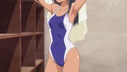 1girls 774_(nanashi) animated animated_gif armpits arms_up black_hair breasts brown_eyes clothed clothing female female_focus female_only hayase_nagatoro hi_res highres long_hair one-piece_swimsuit please_don't_bully_me,_nagatoro revealing_clothes simple_background small_breasts solo swimsuit tan tan-skinned_female tan_body tan_skin tanned tanned_female wet_body