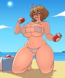 anis_(nikke) anis_(sparkling_summer)_(nikke) beach blush goddess_of_victory:_nikke large_breasts open_mouth sand soda_can takano_(artist)