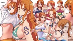 1girls angry_face annoyed_expression aosora bikini crop-top crop_top crop_top_overhang crying female female_only large_breasts lifting_shirt long_hair multiple_persona nami_(one_piece) one_piece one_piece_film_strong_world orange_hair pearl_necklace pink_lingerie post-timeskip pre-timeskip pulling_collar striped_bikini tank_top time_paradox twintails underboob white_tank_top