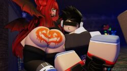 2girls bottomless_female fully_clothed_female halloween iris_(rusmynth) roblox robloxian rusmynth squish_(squishyte)