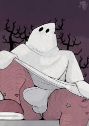 1boy 2023 balls bara baraboy barazoku big_bulge briefs bulge gay ghost ghost_boy hairy hairy_chest halloween hi_res highres holidays huge_bulge male male_focus male_only male_pubic_hair manly muscular_male penis solo solo_male thong underwear yaoi