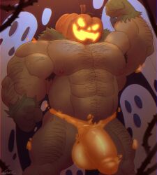 1boy 2022 balls bara bara_tits barazoku big_balls big_bulge big_penis bulge bulge_through_clothing flexing_bicep gay gloves hairy hairy_arms hairy_chest half-erect halloween hi_res highres holidays huge_bulge jack-o'-lantern jack_o'_lantern looking_at_viewer male male_focus male_nipples male_only manly muscular_male nipples nude penis penis_outline pumpkin pumpkin_head pumpkin_head_(character) same22shark solo solo_male yaoi