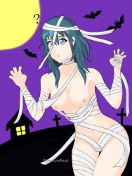 1girls :o ? accidental_exposure armpits bandage bare_arms bare_shoulders bare_thighs bat blue_eyes breasts breasts_out byleth_(fire_emblem) byleth_(fire_emblem)_(female) collarbone female female_only fire_emblem fire_emblem:_three_houses full_moon hair_between_eyes halloween halloween_costume looking_at_viewer medium_breasts medium_hair moon mummy mummy_costume naked_bandage nintendo nipples open_mouth shoulders solo teal_hair thighs tsukyoillsut unaware wardrobe_malfunction