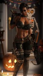 1girls 3d 3d_(artwork) abs african african_female alternate_costume bare_midriff black_hair brown_body brown_skin clothed cosplay dark-skinned_female dark_skin female halloween indoors jack-o'-lantern large_breasts looking_at_viewer otacon212 resident_evil resident_evil_5 sheva_alomar short_hair solo standing thong tight_clothing vampire_hunter