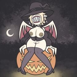 aplovestudio bat_wings big_breasts big_nipples claws halloween jack-o'-lantern no_eyes nude nude_female outside partially_clothed sitting thighhighs witch witch_hat