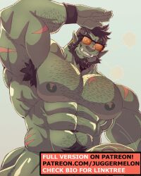 1boy abs arm_hair arm_up armpit_hair armpits bara beard blush chest_hair colored_skin come_hither cowboy_shot excessive_armpit_hair facial_hair green_skin grin hairy half-erect highres huge_pectorals juggermelon looking_at_viewer male_focus male_only mature_male mohawk monster_boy muscular muscular_male navel navel_hair nipples orc original paid_reward_available partially_opaque_sunglasses penis pointy_ears rhys_(juggermelon) seductive_smile short_hair smile solo stomach strongman_waist sunglasses text_censor thick_arms thick_eyebrows thick_thighs thighs tusks veins veiny_penis