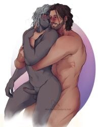 2boys baldur's_gate baldur's_gate_3 biting_lip dark_elf drow drow dungeons_and_dragons embrace embracing erect_penis erection forgotten_realms gale_dekarios gay gorny_hoat grinding hand_on_chest male/male male_only naked naked_male nuzzling oc panting tav_(baldur's_gate) yaoi