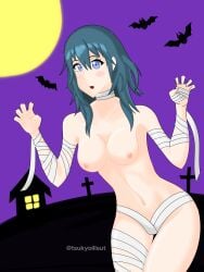 1girls :d armpits bandage bare_arms bare_shoulders bare_thighs bat blue_eyes blush blush_stickers breasts byleth_(fire_emblem) byleth_(fire_emblem)_(female) collarbone female female_only fire_emblem fire_emblem:_three_houses full_moon hair_between_eyes halloween halloween_costume looking_at_viewer medium_breasts medium_hair moon mummy mummy_costume naked_bandage nintendo nipples open_mouth shoulders smile solo teal_hair thighs topless tsukyoillsut