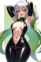 1girls ai_generated bodysuit breasts female genshin_impact gloves green_eyes green_hair hair_ornament kirill782 long_hair looking_at_viewer nahida_(genshin_impact) navel solo stable_diffusion white_hair