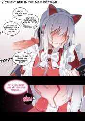 1boy 2d bechu blush cat_ears devil_may_cry devil_may_cry_5 dialogue female genderswap maid nero_(devil_may_cry) oral tagme text twintails v_(devil_may_cry) white_hair