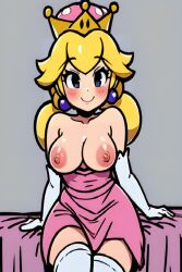 1girls ai_generated blonde_hair blue_earrings blush breasts breasts_out clothing dress earrings female female_only long_gloves looking_at_viewer mario_(series) new_super_mario_bros._u_deluxe nipples peachette pink_dress pixai simple_background sitting_on_bed smile solo super_crown thick_thighs toadette twintails white_gloves white_thighhighs