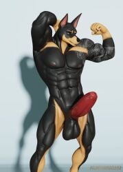 abs anthro balls biceps canid canine canis dobermann domestic_dog dominic_pepe_(drboumboom32) drboumboom32 erection flexing foreskin genitals hi_res humanoid male male_focus male_only mammal muscular muscular_male muscular_thighs nipples obliques pecs penis pinscher pose ribs serratus solo solo_male tattoo triceps valorlynz vein