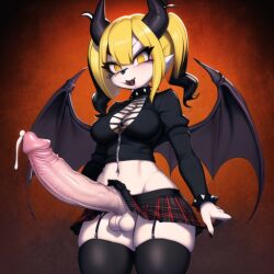 ai_generated anthro bat_wings big_thighs cum dripping_cum erect_penis erection fishnets furry futanari goth goth_girl gothic horns large_breasts long_penis massive_penis miniskirt p0rtal_w0mbat short_skirt spiked_bracelet spiked_collar thick_thighs vampire veiny_penis yellow_eyes yellow_hair