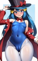 1girls ai_generated aioddity blue_eyes blue_hair blush bowtie bowtie_collar breasts bunnysuit cameltoe covered_navel covered_nipples cowboy_shot dawn_(pokemon) female female_only hat jacket long_hair looking_at_viewer magician open_jacket pantyhose pokemon skintight small_breasts solo top_hat