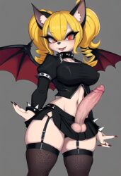 ai_generated anthro bat_wings big_breasts big_penis big_thighs busty erect_penis erection furry futanari goth goth_girl gothic horns huge_cock large_breasts leggings long_penis miniskirt p0rtal_w0mbat red_eyes short_skirt spiked_bracelet spiked_collar thick_thighs vampire yellow_hair