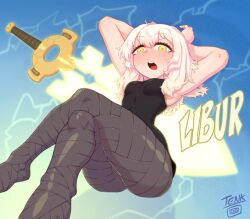 big_sword blue_background breasts excalibur_(player_manhwa) female female_only looking_at_viewer open_mouth posing thick_thighs white_hair yellow_eyes