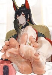 1girls arknights black_hair black_toenail_polish black_toenails cum cum_on_feet feet feet_together female female_focus female_only foot_fetish laserflip long_hair pale-skinned_female pale_skin red_eyes rosaline soles solo solo_female solo_focus sweat sweatdrop sweating sweaty sweaty_feet toe_ring toes toes_spread ya_(arknights)