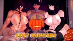 3girls camellia_(valiance) halloween huge_breasts multiple_girls original valiance