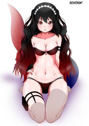 1girls akami_chiyo arm_behind_back black_hair bra cleavage female_only full_body latam_virtual_youtuber light-skinned_female light_skin long_hair looking_at_viewer on_knees piranha_girl red_hair red_nails reivcrow simple_background small_breasts smiling_at_viewer tail thong two_tone_body virtual_youtuber