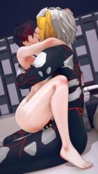 1boy 1girls 3d arms_around_neck birthday birthday_sex blonde_hair female grimm_(rwby) grimmed half_naked_female halloween indrick_[artist] jaune_arc kissing male nude_male penetration red_highlights ruby_rose rwby sex