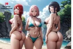 3girls ai_generated ass ass_focus beach big_breasts bikini bikini_bottom bikini_top black_hair blush blush_lines boruto:_naruto_next_generations cameltoe choker female female_only forehead forehead_gem forehead_jewel forehead_mark gray_eyes green_eyes huge_breasts hyuuga_hinata lewdcreationsai looking_at_viewer multiple_girls naruto naruto:_the_last naruto_(series) naruto_shippuden outdoors pink_hair red_eyes sakura_haruno side_view sideboob smile smiling smirk smirking smirking_at_viewer thick_ass thick_thighs thighs uzumaki_kushina water waterfall white_eyes