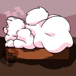 anthro ass ass_up barazoku bed_frame big_butt butt_ripples canid canine canis cast_shadow cel_shading digital_media_(artwork) domestic_dog fluffy fluffy_tail fujiyama_kenhaku fujiyama_samoyed_(artist) fur head_floof huge_butt hyper hyper_butt kemono male mammal neck_tuft nordic_sled_dog obese obese_anthro obese_male overweight overweight_anthro overweight_male purple_nose samoyed shaded simple_background sleeping solo spitz tail text tuft white_body