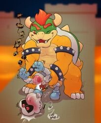 <3_eyes 2boys all_the_way_through anal anal_sex argon_vile blush bodily_fluids bone bowser bridge castle detachable detachable_head dialogue dry_bones duo english_text erection fleshlight_position gay genital_fluids genitals heart heart_eyes hi_res koopa lava living_condom male male/male male_only mario_(series) motion_lines nintendo penetration penis precum question_mark ridiculous_fit scalie size_difference skeleton sound_effects speech_bubble text threaded_by_penis torso_grab