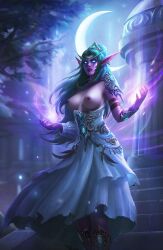 artist_request big_breasts breasts breasts breasts_out female female_only half-dressed hearthstone moon moonlight night_elf partially_nude partially_nude_female priestess topless topless_female tyrande_whisperwind warcraft world_of_warcraft wow