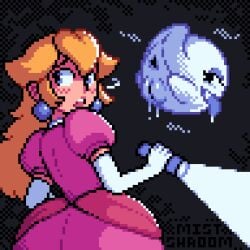 2girls anus blonde_hair blue_eyes boo_(mario) clothed clothing dress female female_only female_pervert flashlight floating imminent_oral imminent_sex long_hair looking_at_another looking_back looking_over_shoulder mario_(series) mistshroom multiple_girls pink_dress pixel_art princess_peach pussy scared scared_expression sexual_harassment simple_background spread_anus spread_pussy spreading standing yuri