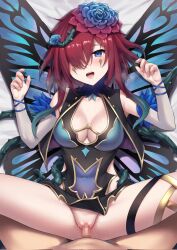 1boy 1girls black_dress blue_eyes blush breasts butterfly_wings censored clothes_lift commentary_request commission corrupted_twitter_file covered_navel detached_sleeves dress dress_lift fairy_wings female female_focus fire_emblem fire_emblem_heroes flower grey_sleeves hair_flower hair_ornament hair_over_one_eye hair_vines henria highres large_breasts light-skinned_female light-skinned_male light_skin looking_at_viewer lying male male_pov mosaic_censoring nintendo on_back penis pov pov_crotch pussy red_hair sex skeb_commission straight sweat triandra_(fire_emblem) triandra_(reverent_dream)_(fire_emblem) vaginal_penetration wings