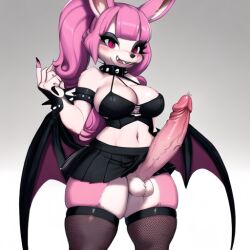 ai_generated anthro bat_wings big_breasts big_penis big_thighs busty erect_penis erection fishnets furry futanari goth goth_girl gothic huge_cock large_breasts leggings long_penis miniskirt p0rtal_w0mbat pink_eyes pink_hair short_skirt spiked_collar spikes thick_thighs vampire