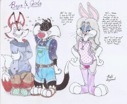 2d accessory anthro blush bottomwear bugs_bunny bulge canid canine clothed clothing cornered dirty_talk domestic_cat english_text erection erection_under_clothing felid feline felis female fembugs_bunny footwear fox fox_pop_(warner_brothers) furgonomics fuzzy_socks giggle gloves group handwear hi_res lagomorph leg_warmers legwear leotard leporid looney_tunes makeup male mammal nordic overalls rabbit ribbons rufe_squirrel sandals shortalls shorts sweater sylvester tail tail_accessory tail_ribbon tenting text thong topwear trio underwear unzipped unzipped_pants warner_brothers zipper