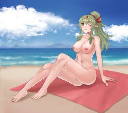 1girls ;) absurdres bare_legs barefoot beach blush breasts cloud commentary_request commission completely_nude female female_only fire_emblem fire_emblem_awakening full_body green_eyes green_hair hair_ornament hazuki_(nyorosuke) highres knees_up large_breasts legs long_hair looking_at_viewer navel nintendo nipples nude nude_female ocean on_towel one_eye_closed outdoors pointy_ears ponytail sitting skeb_commission smile solo tiara tiki_(adult)_(fire_emblem) tiki_(fire_emblem) toes towel wink