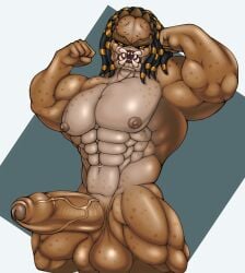 1boy alien alien_humanoid alien_only balls big_penis black_hair flexing flexing_bicep flexing_both_biceps foreskin genitals hair hi_res huge_cock humanoid male male_only miasmaaxel muscular muscular_humanoid muscular_male pecs penis predator_(franchise) solo teeth vein veiny_penis yautja