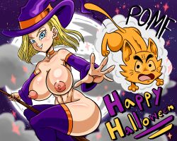 android_18 big_breasts blonde_hair blue_eyes choker dragon_ball dragon_ball_super dragon_ball_z halloween krillin kuririn large_breasts stockings superspacewarrior transformation witch_hat