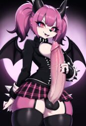 ai_generated anthro bat_wings big_penis big_thighs erect_penis erection furry futanari goth goth_girl gothic horns huge_cock hyper_penis leggings long_penis miniskirt p0rtal_w0mbat pink_eyes pink_hair short_skirt spiked_bracelet thick_thighs vampire