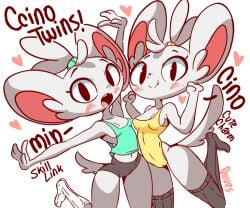 2girls anthro artist_name blush breasts chinchilla cleavage color digital_media_(artwork) diives female fur gray_fur heart looking_at_viewer minccino nintendo one_leg_raised pokémon_(species) pokemon pokemon_(species) pose simple_background small_breasts smile stockings tagme tail text