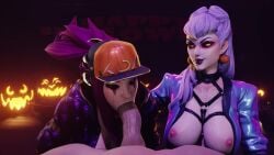 1boy 2girls 3d akali akali_jhomen_tethi animated assisted_fellatio athletic_female big_breasts big_penis blender blowjob dom3d evelynn fellatio ffm_threesome halloween hat human jacket k/da_akali k/da_all_out_evelynn k/da_all_out_series k/da_series league_of_legends light-skinned_male long_hair looking_at_viewer no_sound open_jacket partially_clothed pov pov_eye_contact threesome video