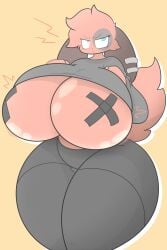 cherry_(animal_crossing) huge_ass huge_breasts nipple_tape simple_background twitter yellow_background zaclyn