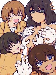 4girls black_hair blue_eyes bob_cut breasts brown_hair closed_eyes closed_mouth covering_another's_breasts dark-skinned_female dark_skin facing_back facing_viewer freckles frown girls_und_panzer gloves grabbing grabbing_another's_breast green_eyes half-closed_eyes hoshino_(girls_und_panzer) jumpsuit long_sleeves looking_at_viewer medium_breasts multiple_girls nakajima_(girls_und_panzer) notice_lines open_mouth orange_jumpsuit suzuki_(girls_und_panzer) sweatdrop topless tsuchiya_(girls_und_panzer) unfortunate_hero wavy_hair white_gloves yuri