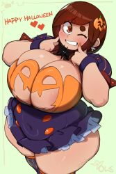 1girls areola_slip big_breasts blush brown_eyes brown_hair busty cheek_poking chubby chubby_female curvy english_text fat_thighs female female_only fingers_to_cheeks hair_ornament halloween halloween_costume hi_res holidays huge_breasts lightsource looking_at_viewer original purin_(lightsource) smiling smiling_at_viewer solo teeth_showing text wink winking_at_viewer