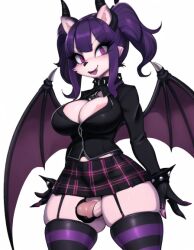 ai_generated anthro balls_out bat_wings big_areola big_breasts big_nipples big_thighs busty exposed_balls furry futanari goth goth_girl gothic hanging_balls horns large_breasts leggings miniskirt nipple_slip p0rtal_w0mbat purple_eyes purple_hair short_skirt thick_thighs vampire