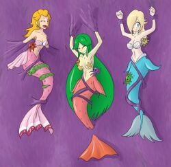 3_mermaids 3girls blonde_hair blue_tail bondage breasts company_connection crossover female female_only green_hair kid_icarus light-skinned_female light_skin mario_(series) mermaid mythkaz nintendo palutena pink_tail png princess_peach princess_rosalina squid tagme tail tickling trio